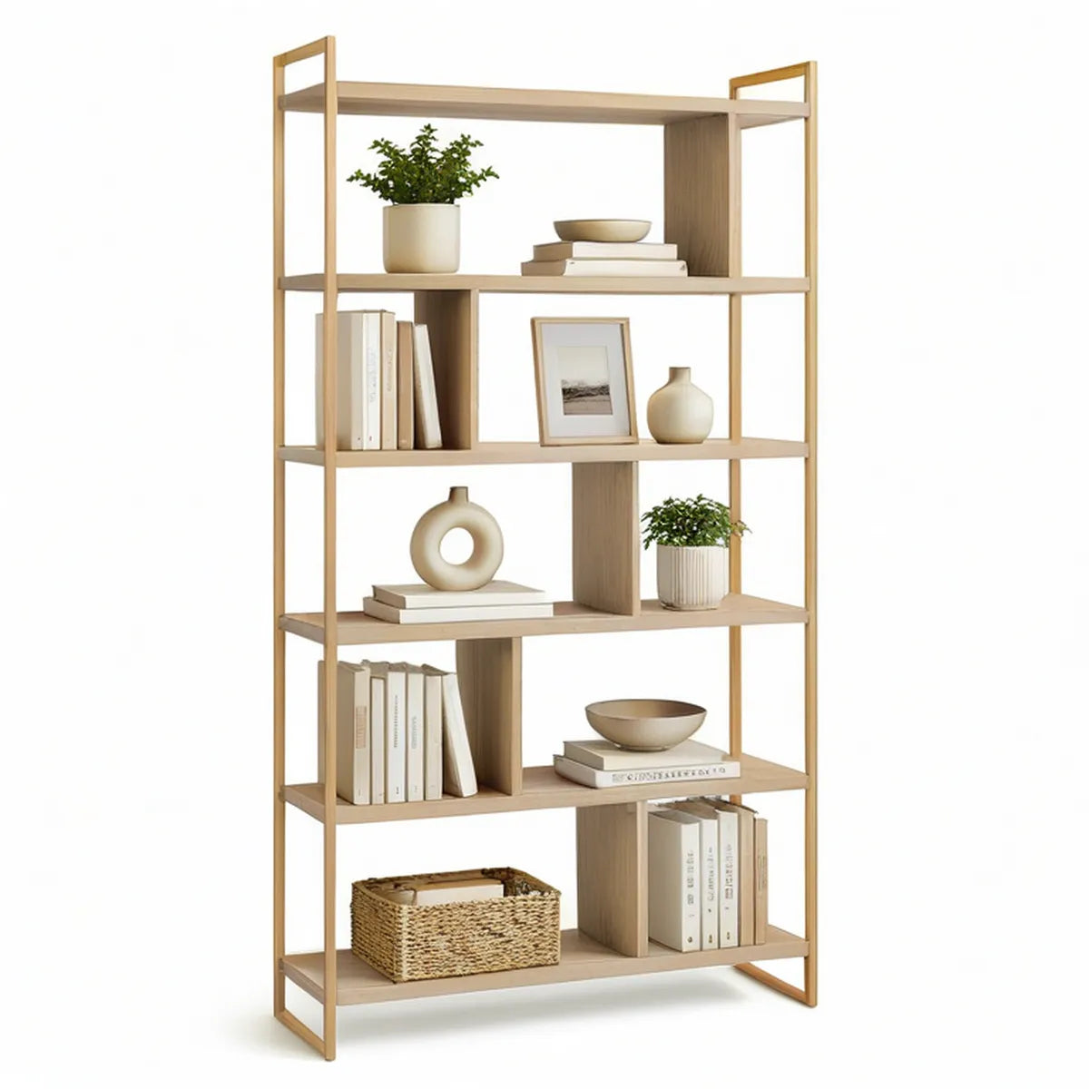 Knihovna se 6 policemi z bambusu a MDF, přírodní dub, 80 × 30 × 180 cm
